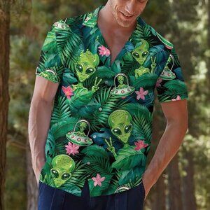 NEW Men's Casual Button Down Hawaiian Shirt Alien Tropical Forest XL